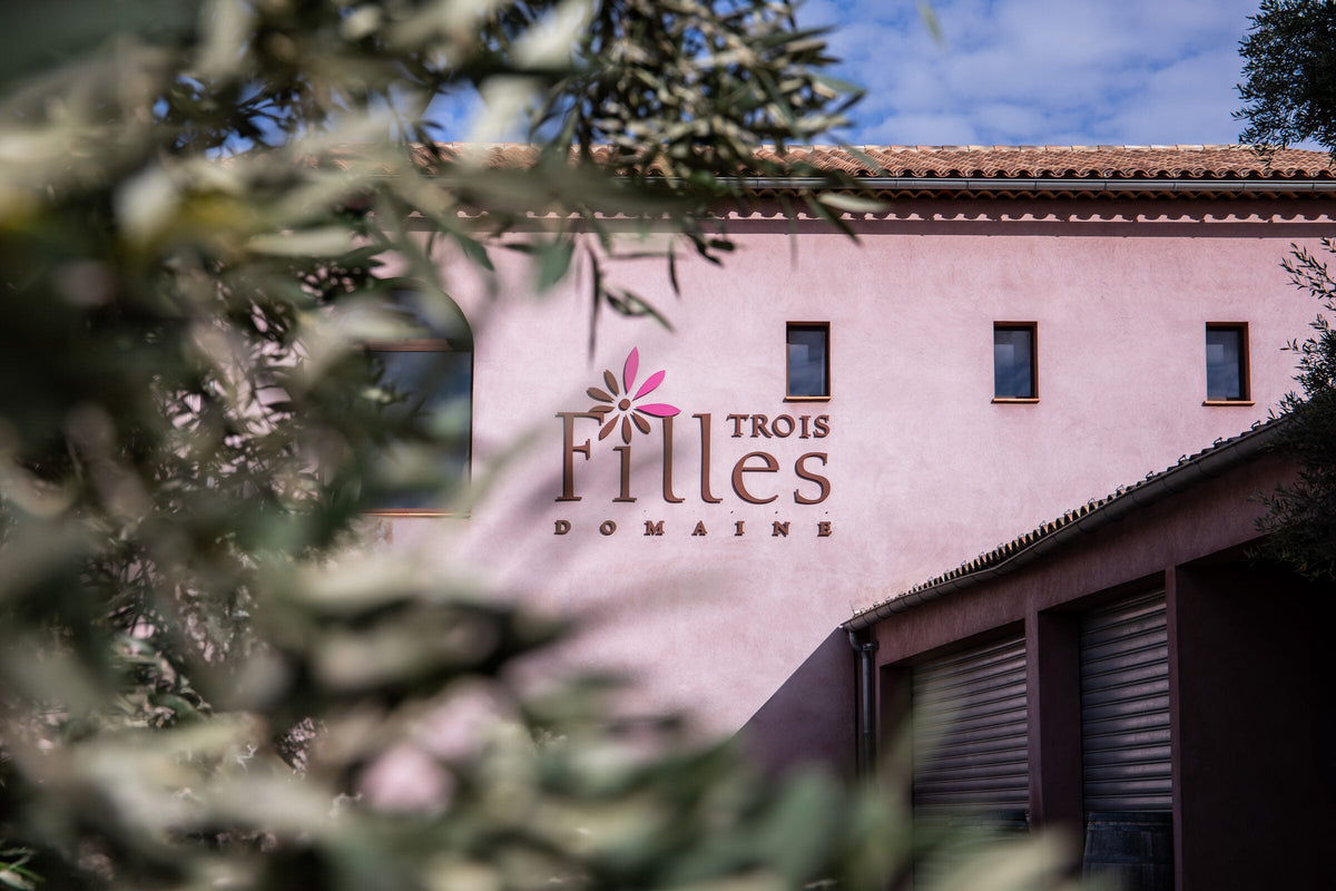 Das rosafarbene Gebäude der Domaine des Trois Filles in Bandol, gesehen durch Olivenzweige