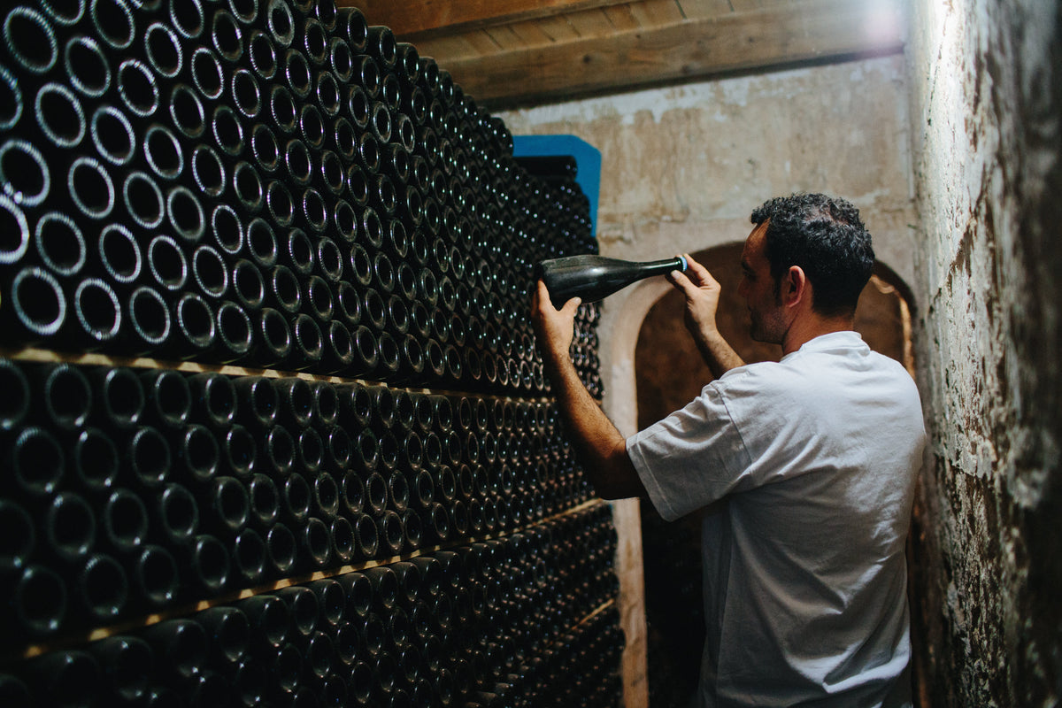 Cava reift im Keller von Pago de Tharsys, ein Kellermeister prüft eine Flasche